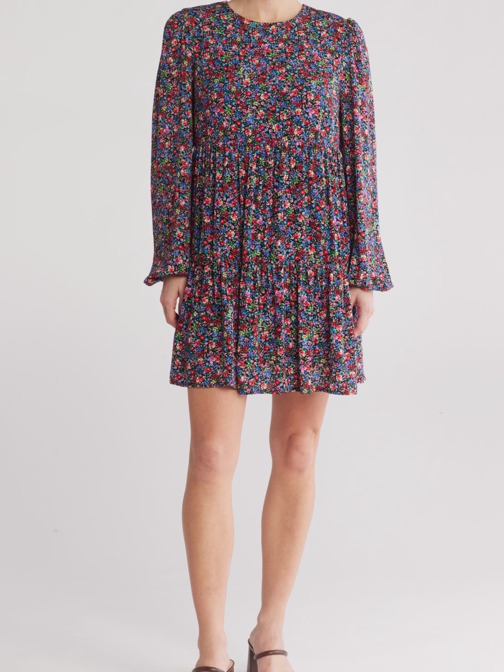 Floral Tiered Long-Sleeve Mini Dress - Navy Multicolor